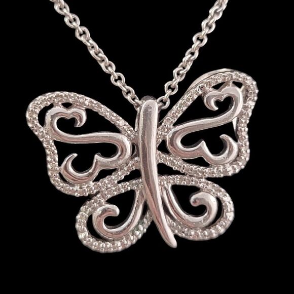 Sterling Silver Diamond Open Heart Butterfly Pendant … - Picture 1 of 9